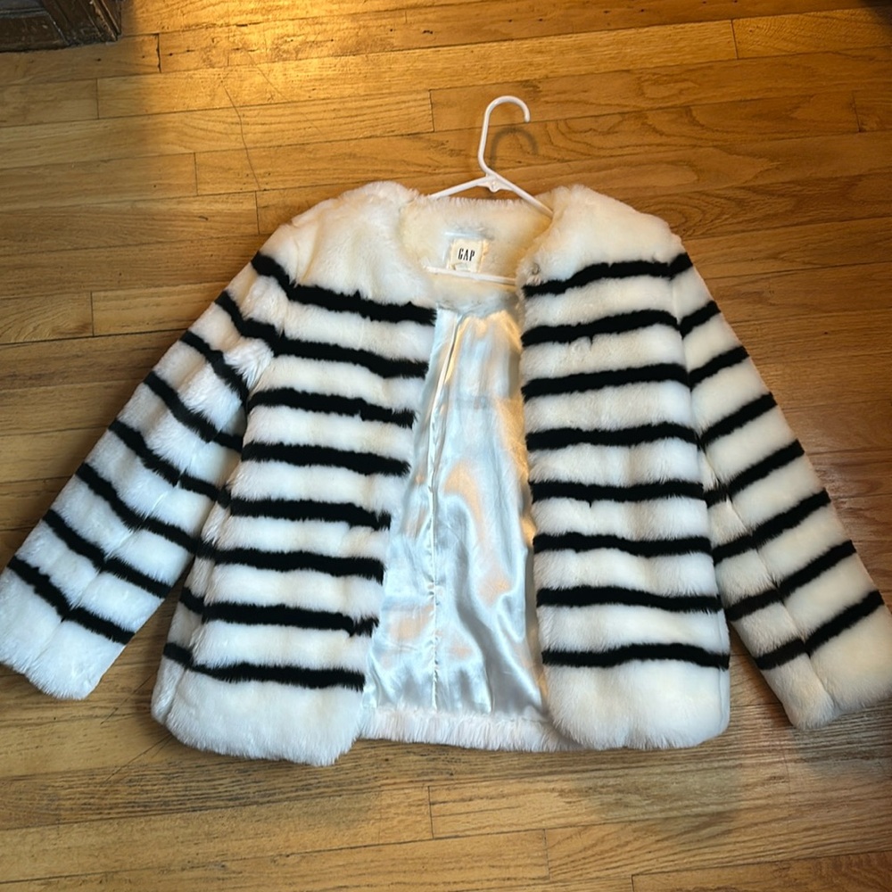Gap, white and black striped faux fur jacket